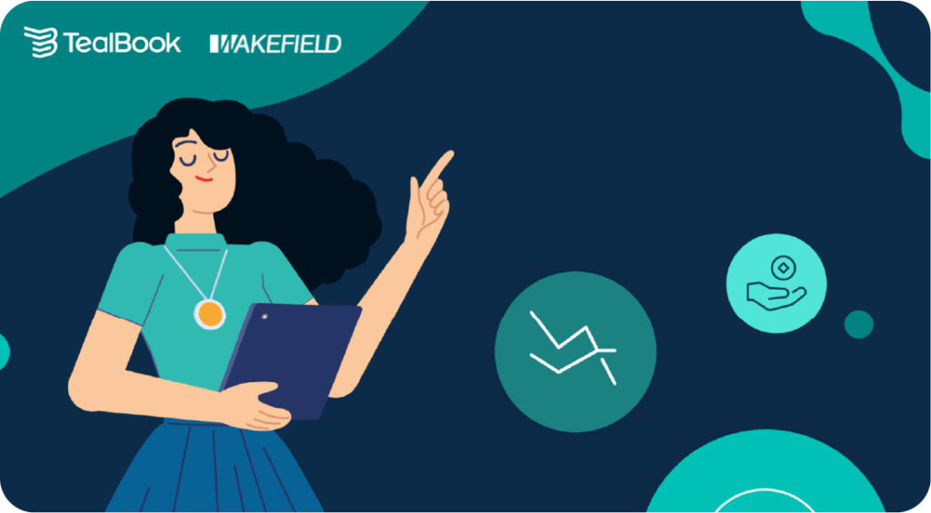 Illustration of a woman holding a tablet and pointing upward, with TealBook and Wakefield logos in the top-left corner. Surrounding icons represent data analytics and financial care, set against a dark blue abstract background.