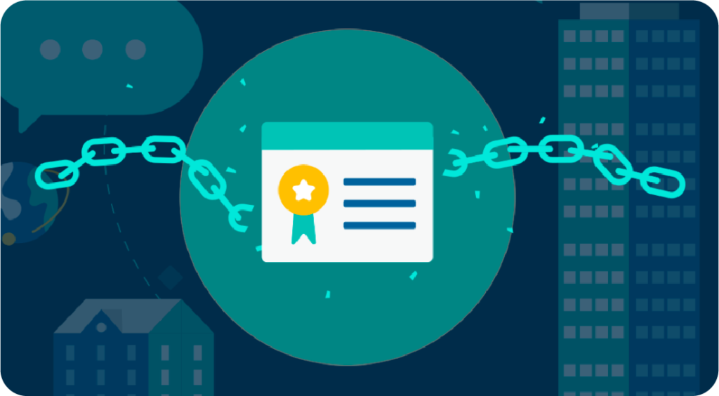 Illustration of a certificate with a gold ribbon icon in the center, connected by a chain on both sides, symbolizing trust or linkage. The background features abstract shapes of buildings and a globe, suggesting global certification or supply chain integrity.