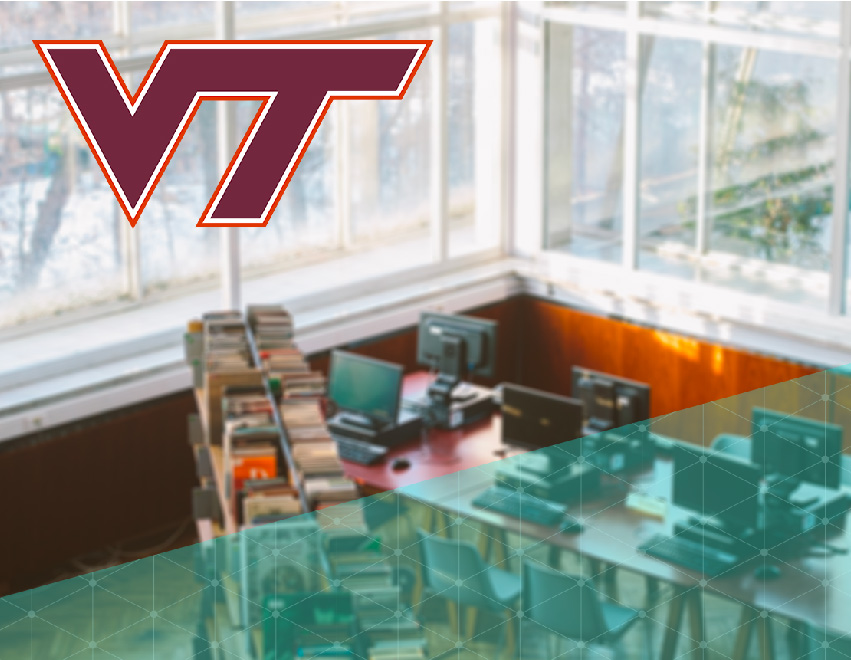 Virginia Tech logo overlaying photo of a university library